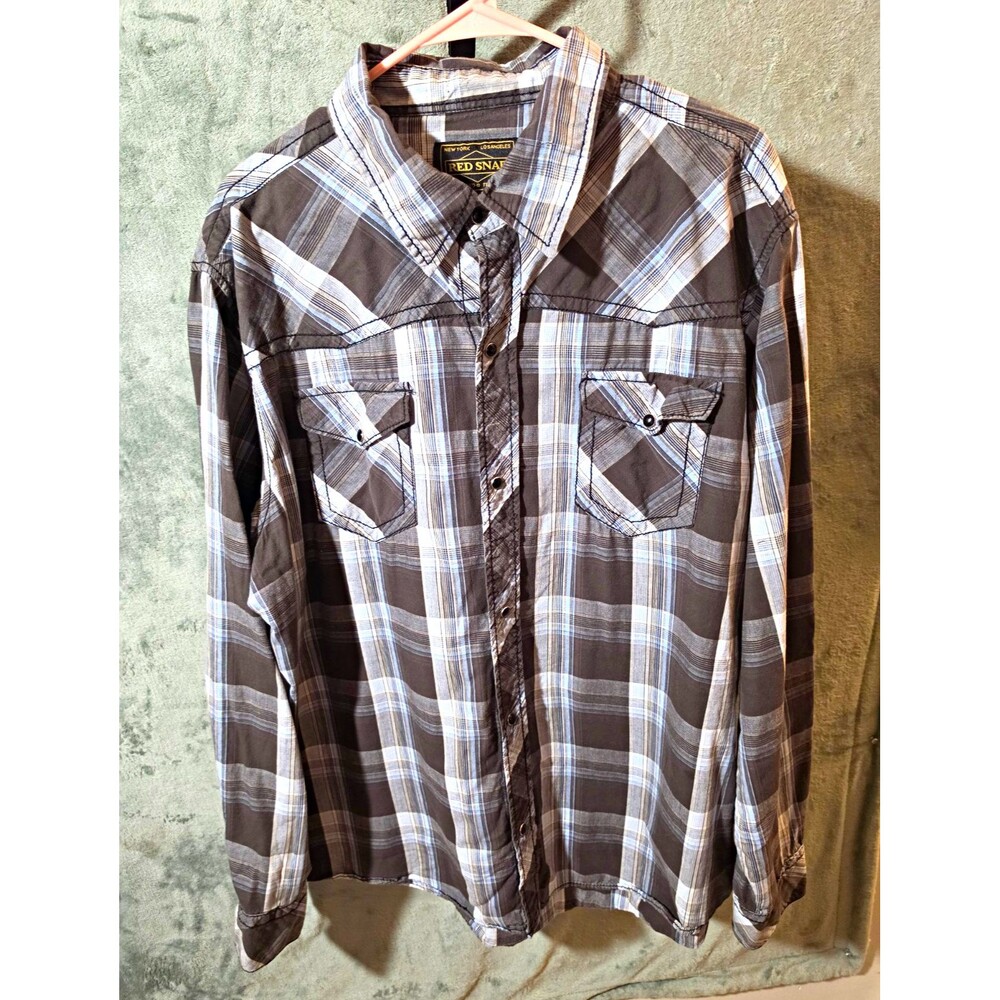 Red Snap Men's XXL Gray Plaid Western Pearl Snap Button Shirt 100% Cotton